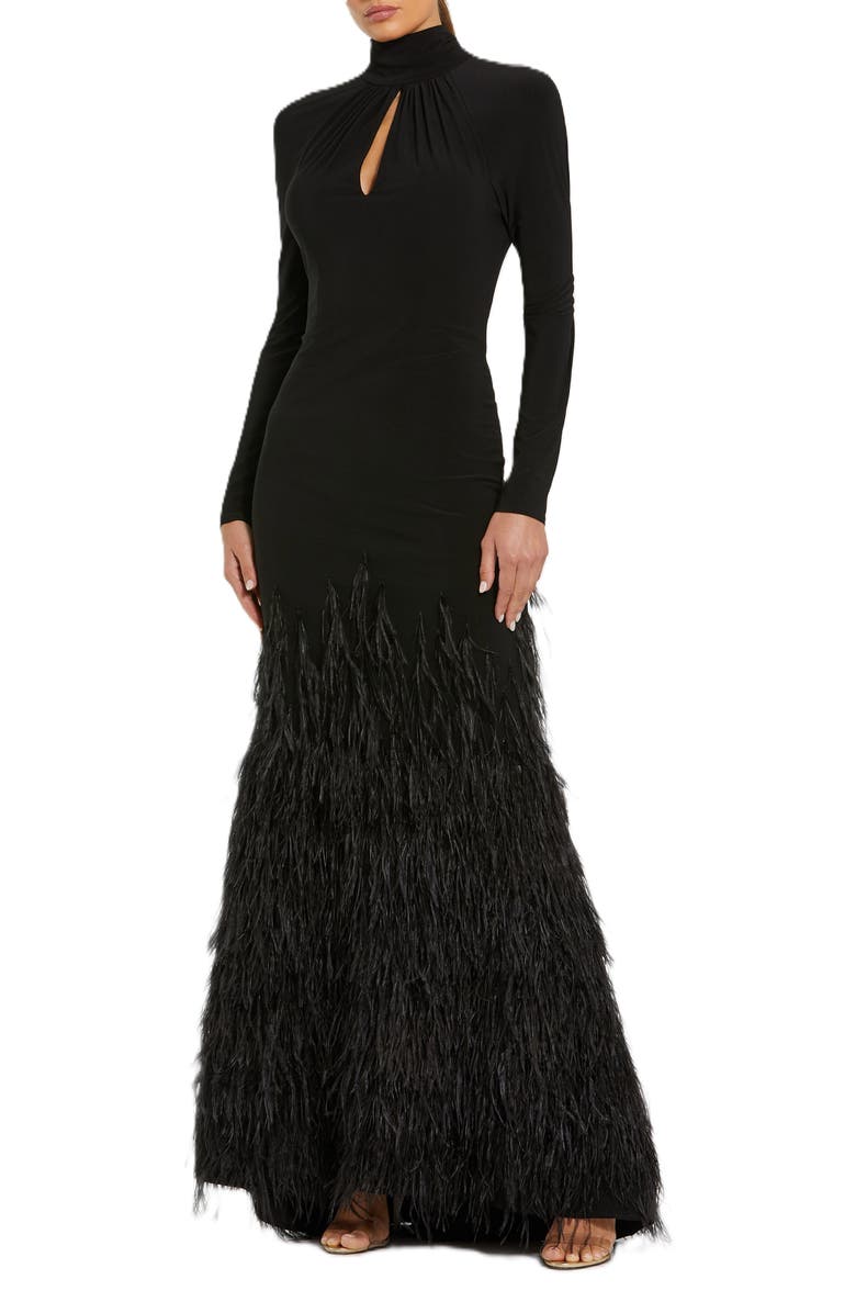 Mac Duggal Jersey Long Sleeve High Neck Feather Gown, Main, color, Black