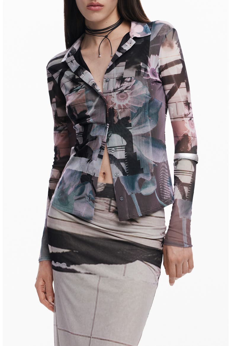 Abstract Print Mesh Button-Up Shirt, Main, color, NEUTRAL GRAY
