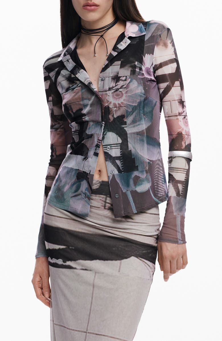 Desigual Abstract Print Mesh Button-Up Shirt, Main, color, Neutral Gray