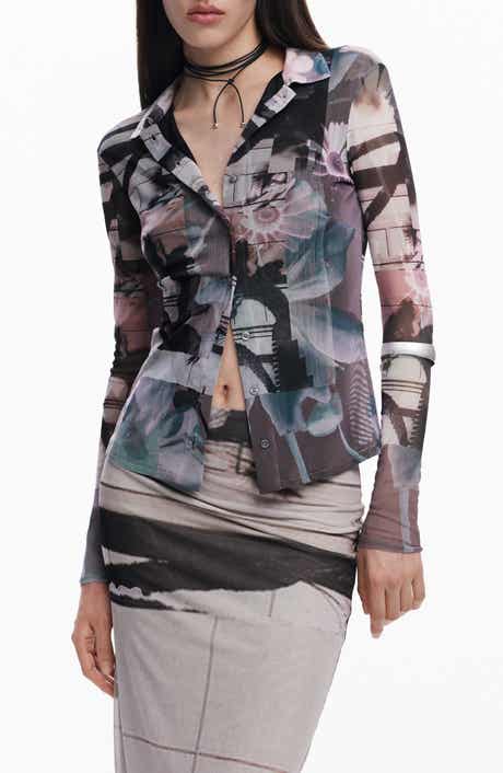 Desigual Abstract Print Mesh Button-Up Shirt