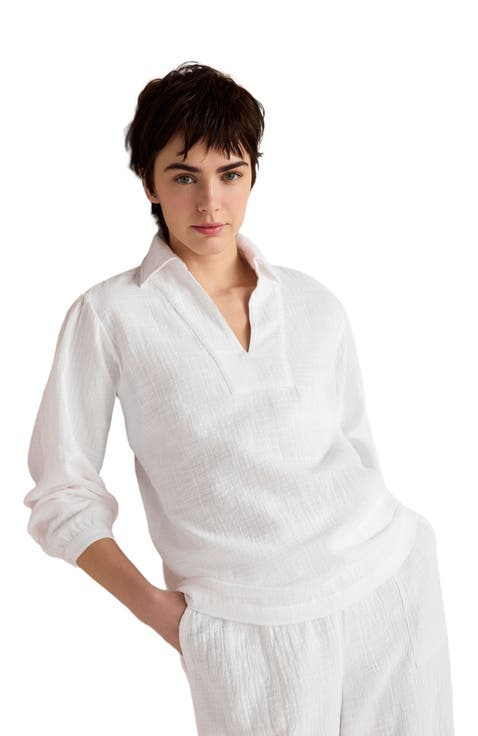 Textured Cotton Gauze Collared Top
