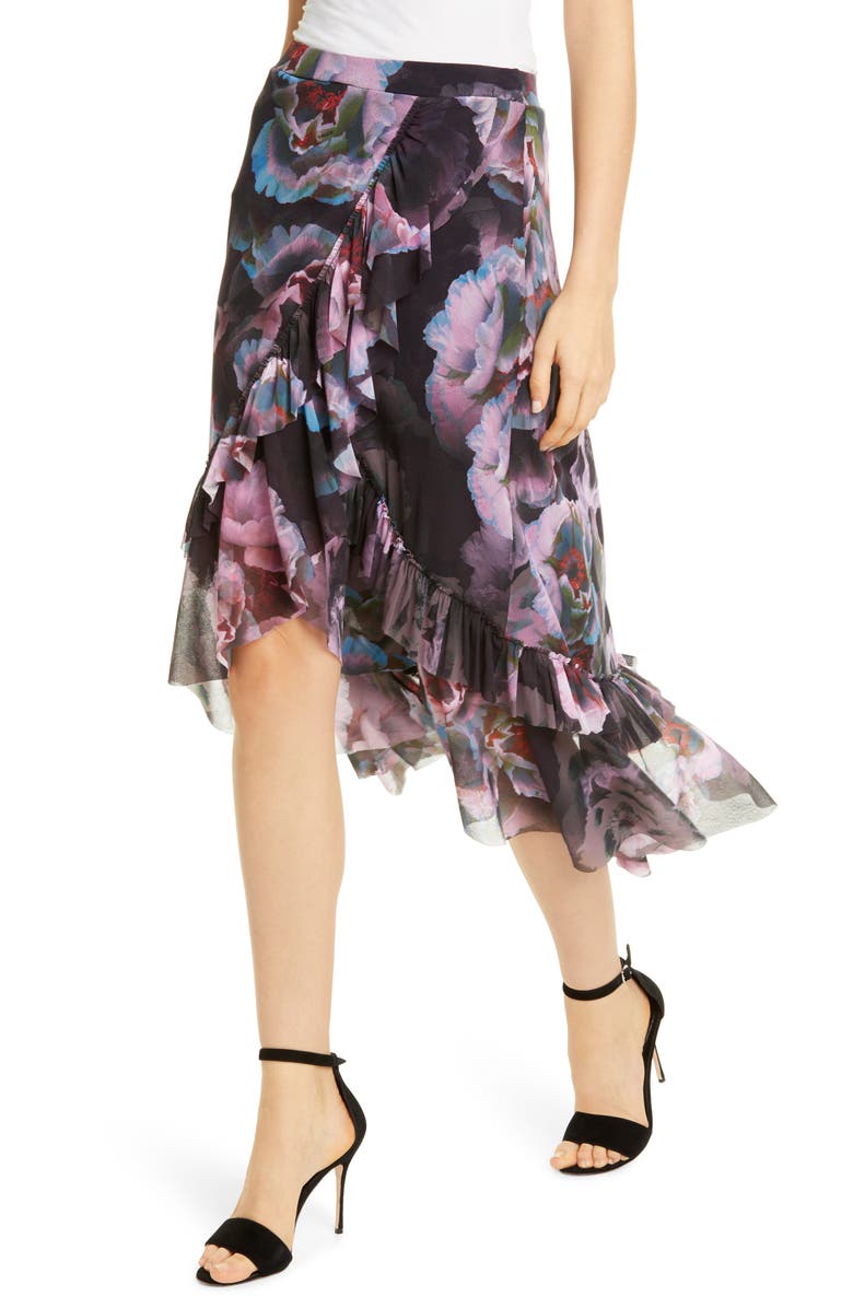 Fuzzi Floral Ruffle Asymmetrical Mesh Skirt, Alternate, color, 