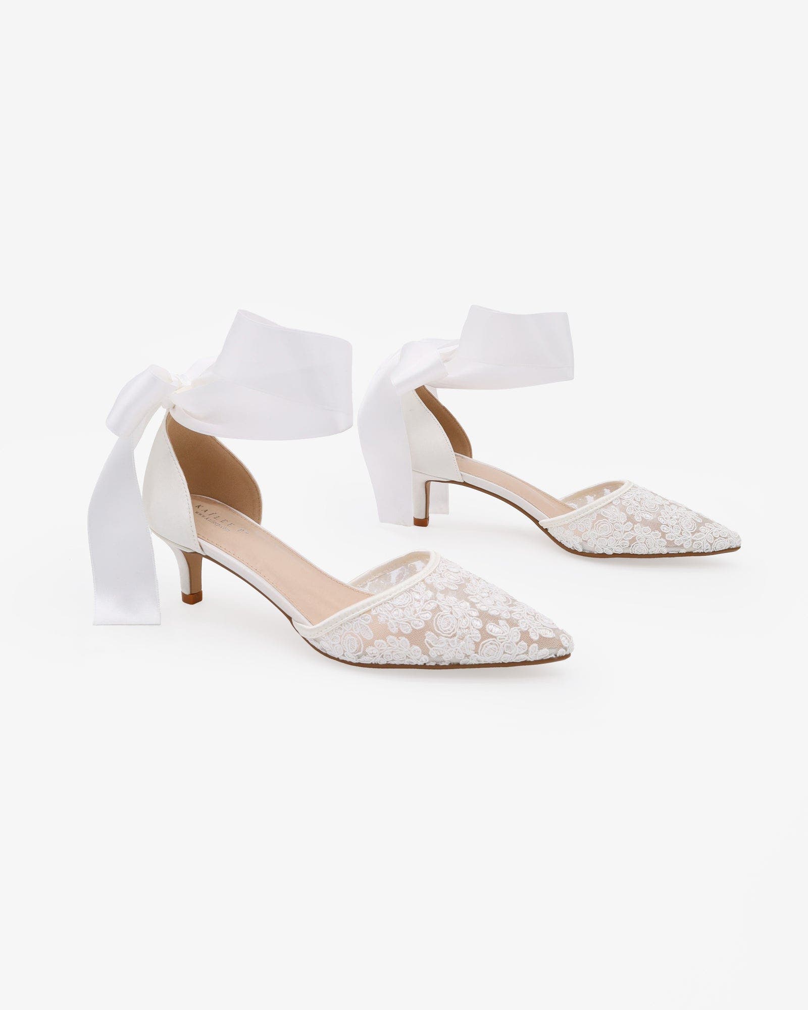 Kailee P Claudia Crochet Lace Pointy Toe Wedding Kitten Low Heel with Wrapped Satin Ribbon Tie, Alternate, color, White