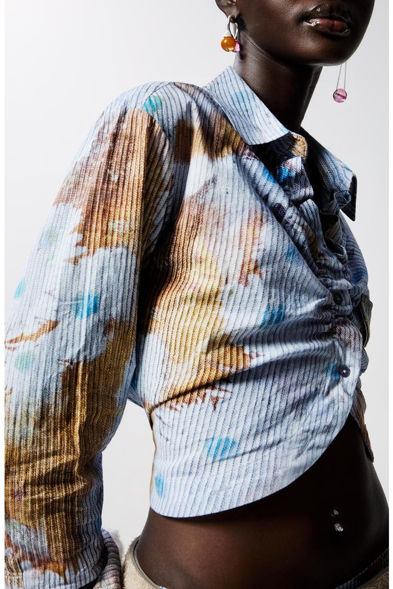 Floral Cotton Rib Knit Crop Button-Up Shirt, Alternate, color, BLUE
