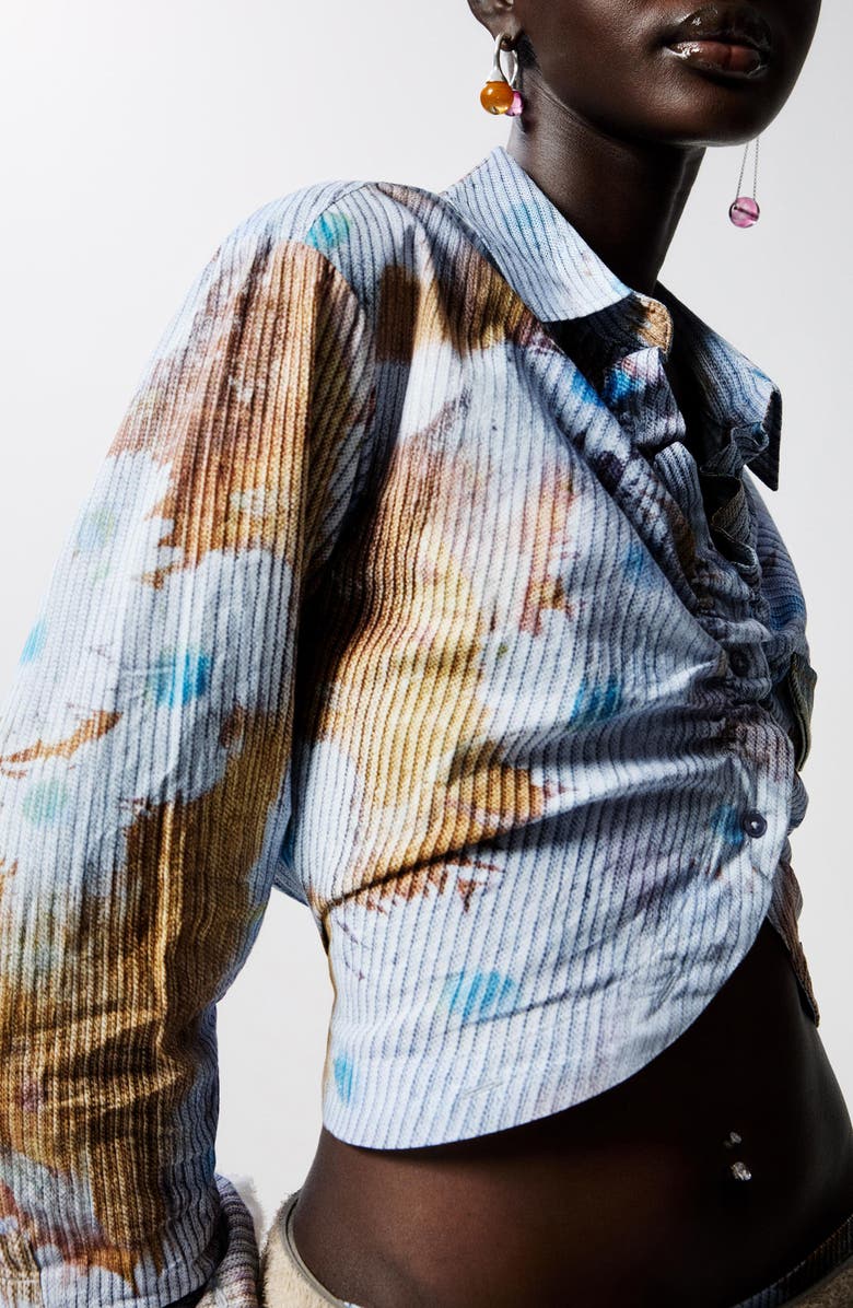 Desigual Floral Cotton Rib Knit Crop Button-Up Shirt, Alternate, color, Blue