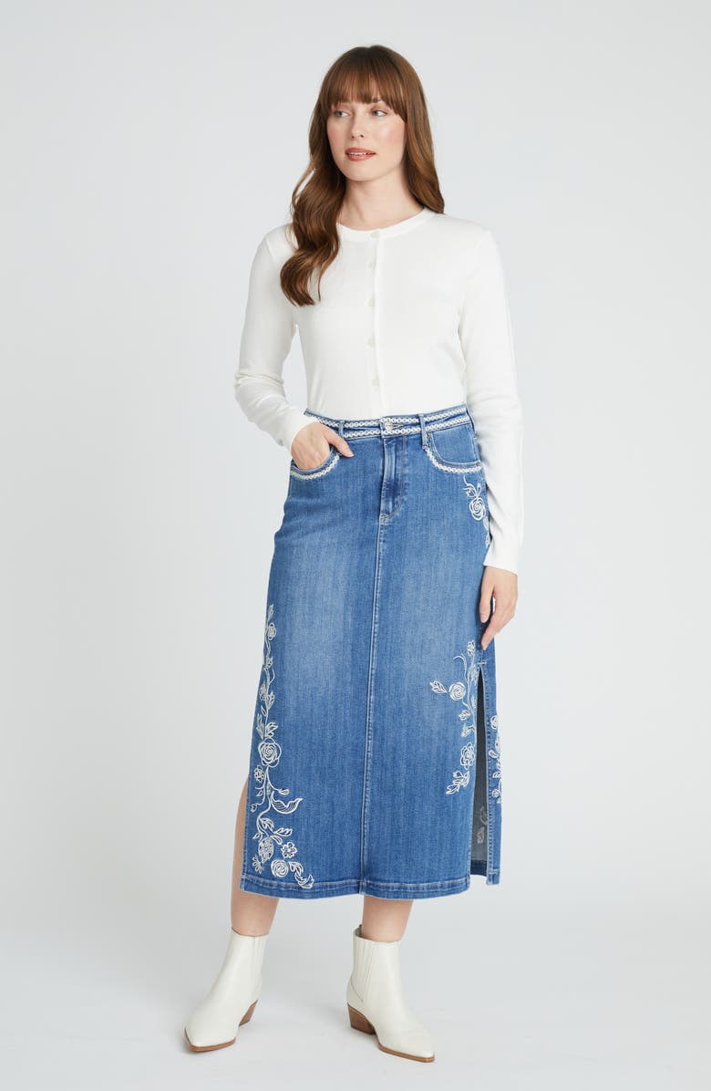 Driftwood Svetlana Ravishing Rosettes Denim Midi Skirt, Alternate, color, Medium Wash