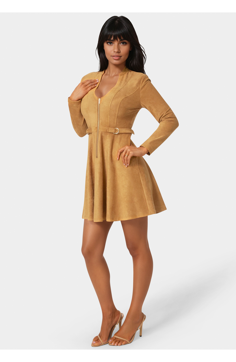 bebe Fit and Flare Long Sleeve Suede Mini Dress, Alternate, color, Camel