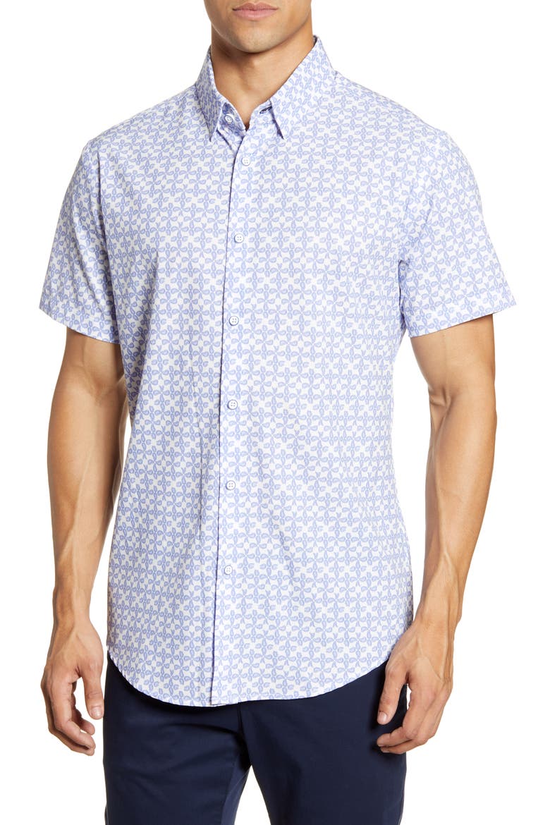 Mizzen + Main Leeward Trim Fit Paisley Short Sleeve Button-Up Performance Shirt, Main, color, NAVY PAISLEY PRINT