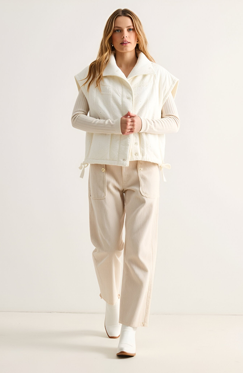 Modenaire Quilted Sleeveless Vest With Snap Front And Side Ties In White