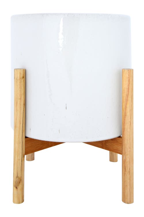 Storied Home Round Stoneware Planter On Wood Holder In White