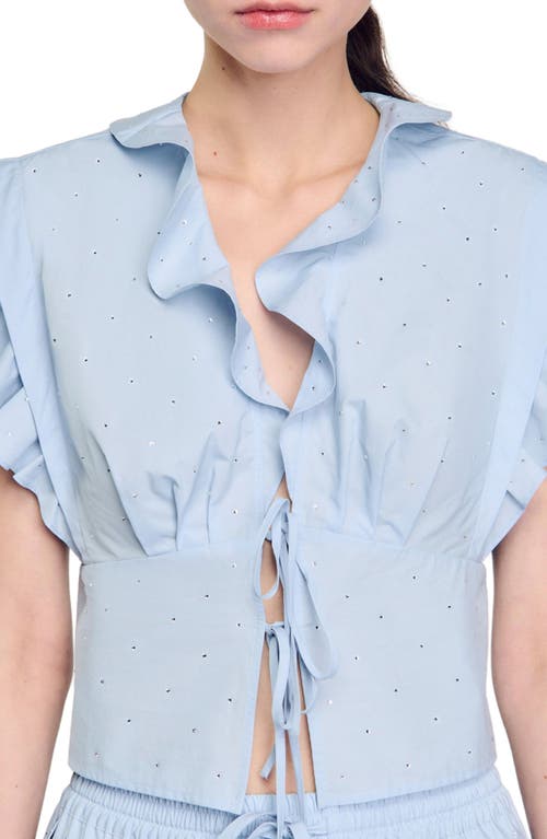 Sandro Womens Bleus Rhinestone-embellished Ruffled-trim Cotton Top In Sky Blue