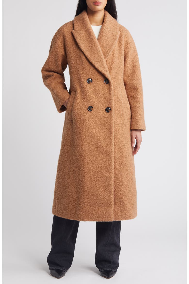 Double Breasted Bouclé Long Coat, Main, color, TOFFEE