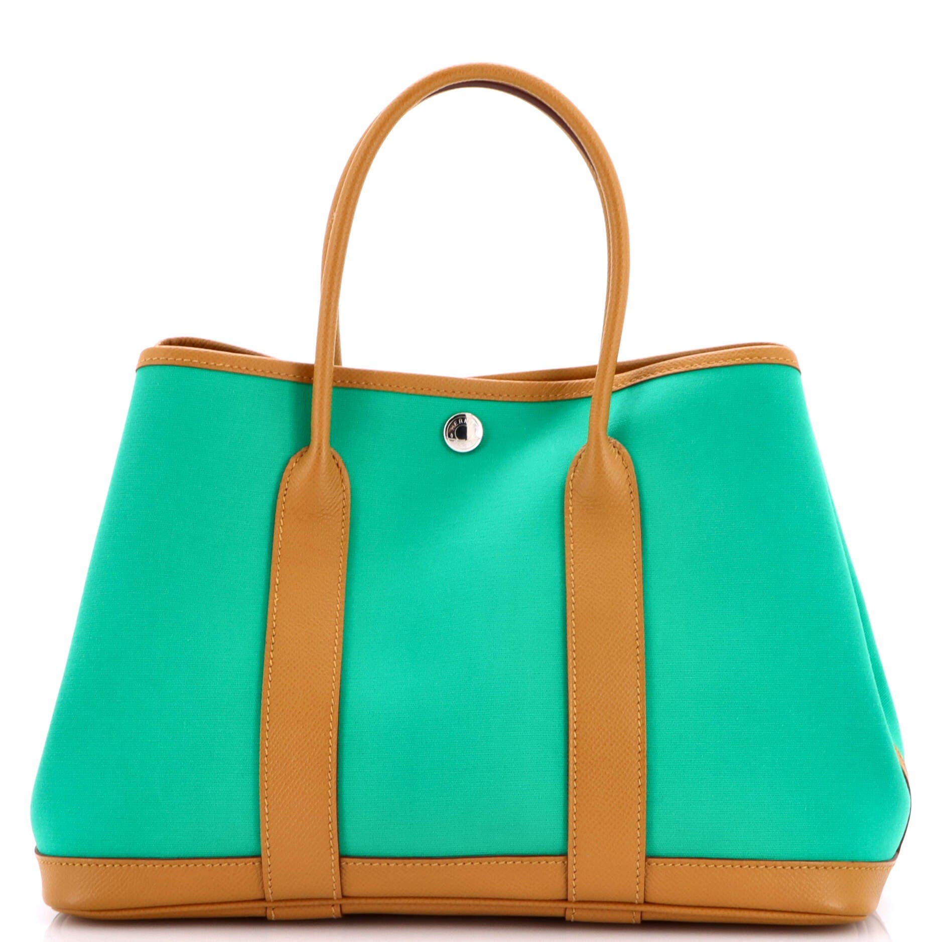 Pre-Owned Hermes Garden Party Tote Toile and Leather 30, Main, color, Vert Jade