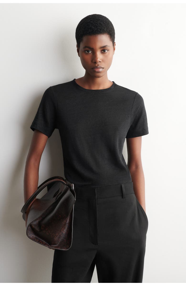 COS Crew-Neck Linen T-Shirt, Main, color, Black