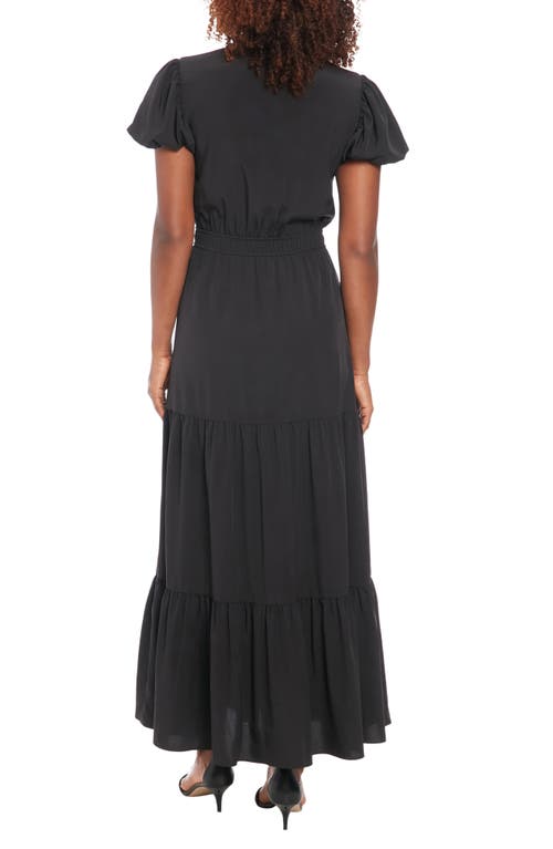 London Times Bubble Sleeve Tiered A-line Maxi Dress In Black