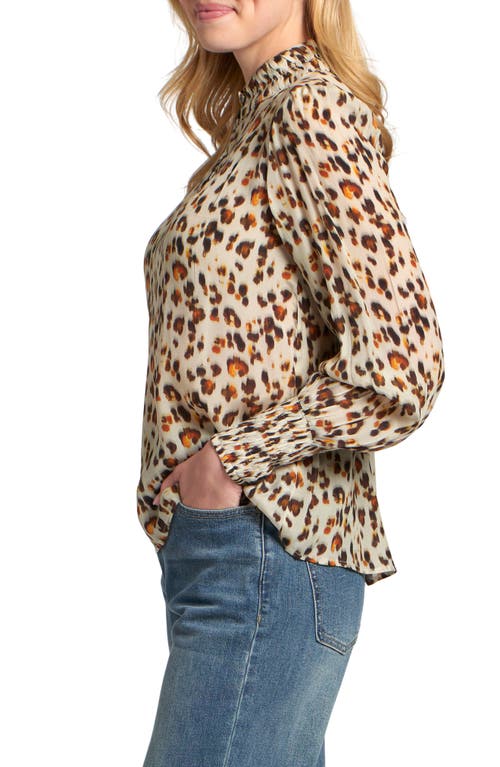 Apny Puff Shoulder Button Front Top In Brown