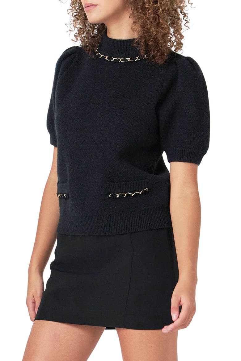 Chain Detail Puff Sleeve Sweater, Alternate, color, BLACK