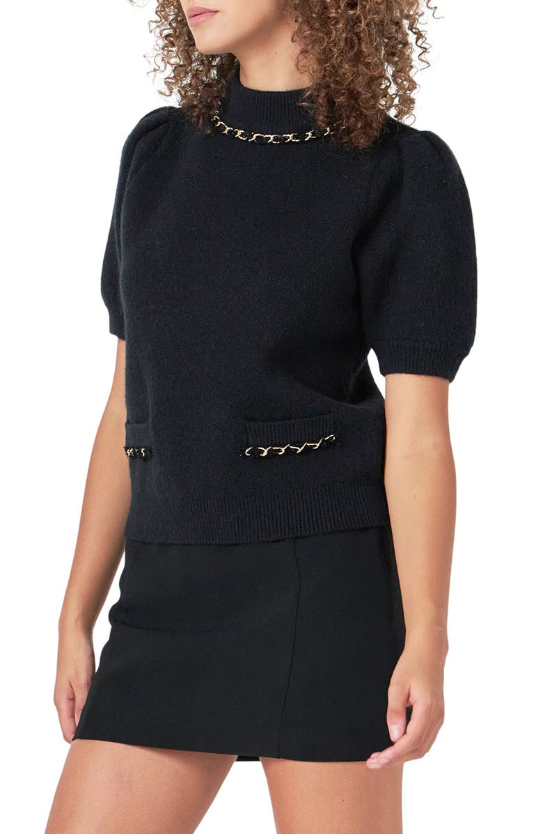Endless Rose Chain Detail Puff Sleeve Sweater, Alternate, color, Black