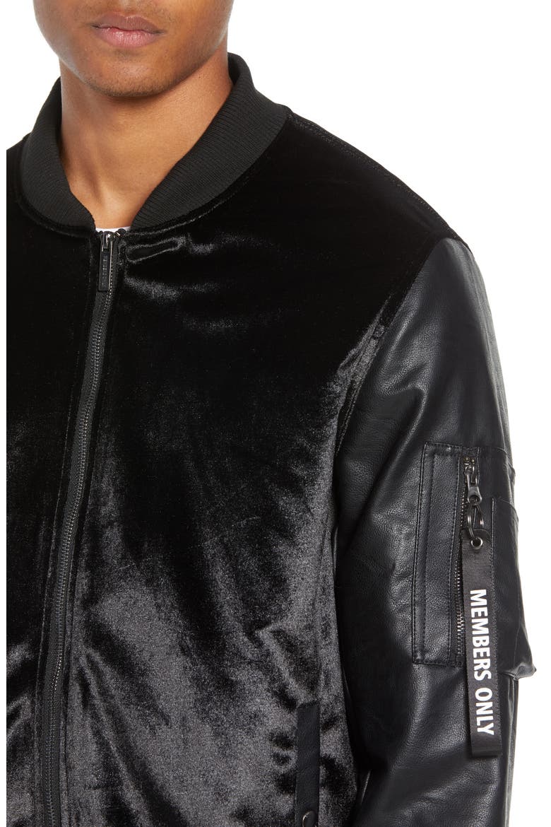 Velvet Bomber Jacket with Faux Leather Sleeves, Alternate, color, BLACK