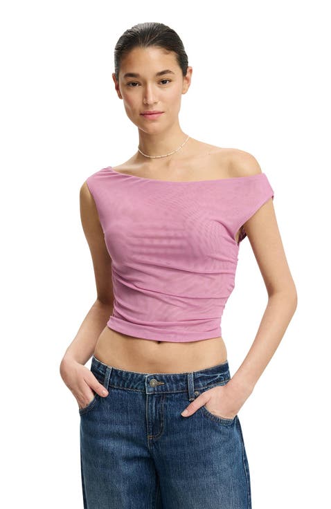 Women's Gathered Mesh Off Shoulder Top
