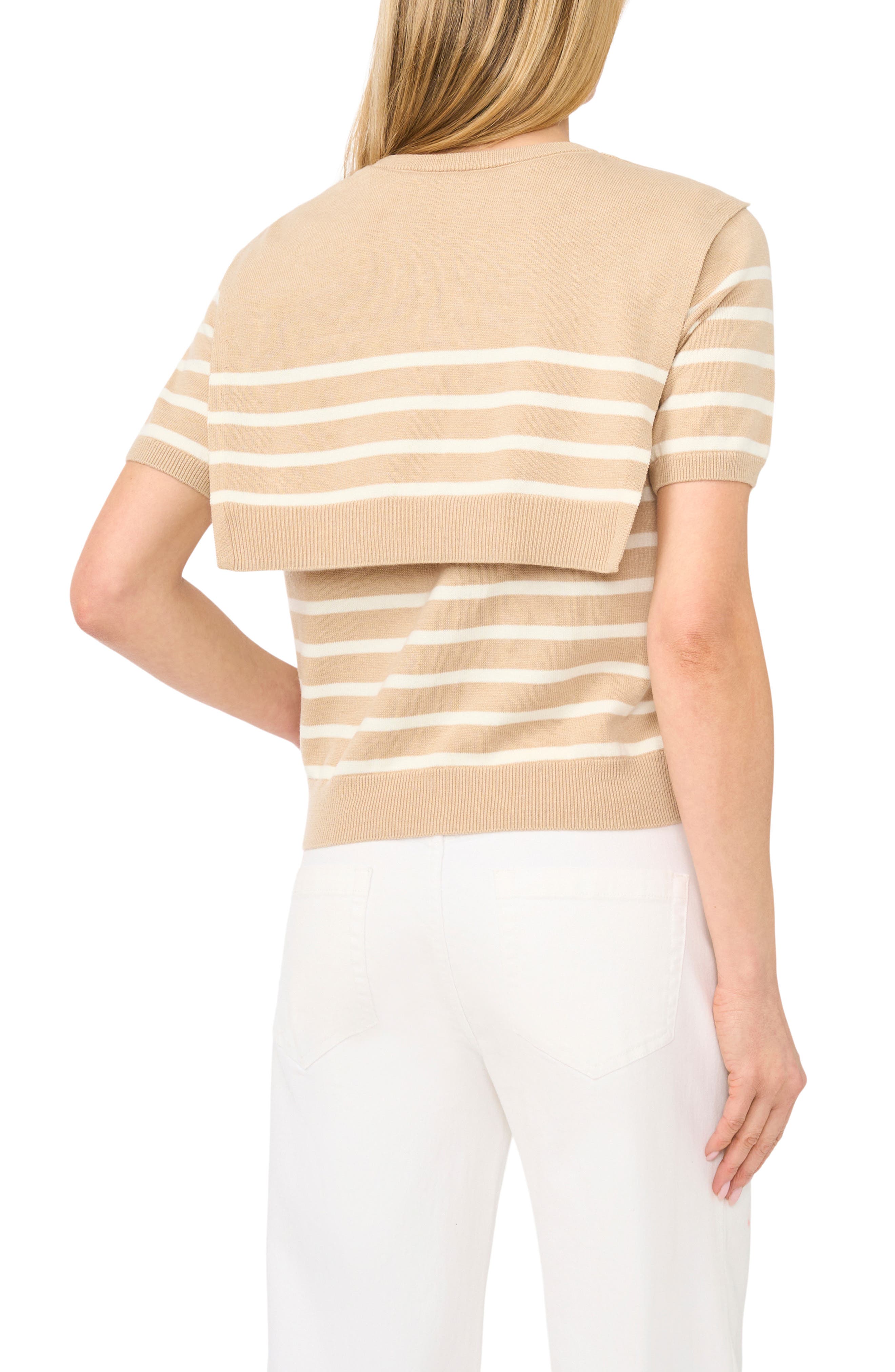 Stripe Shoulder Wrap Short Sleeve Sweater - image 2