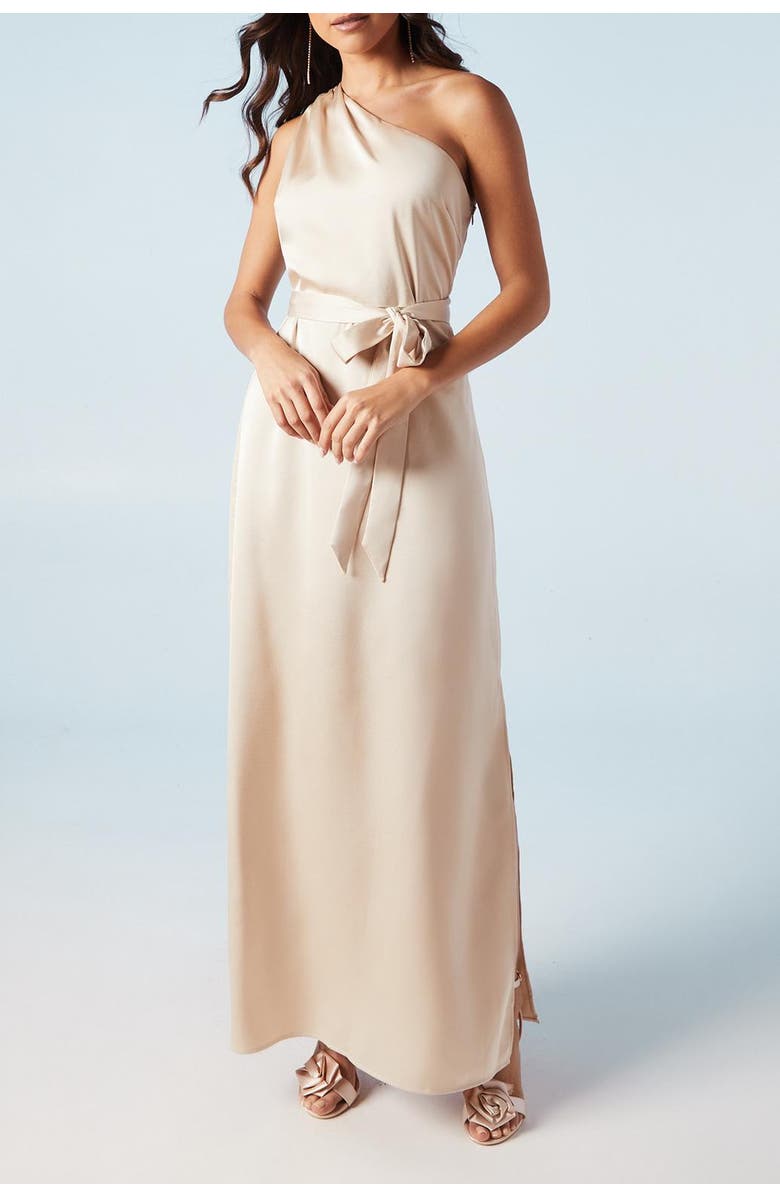 Oasis One Shoulder Satin Maxi Bridesmaid Dress, Alternate, color, Champagne