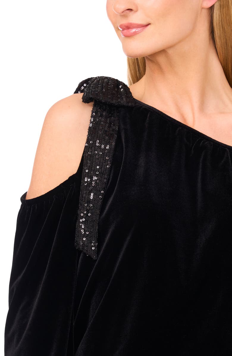 CeCe One-Shoulder Sequin Bow Velvet Top, Alternate, color, Rich Black