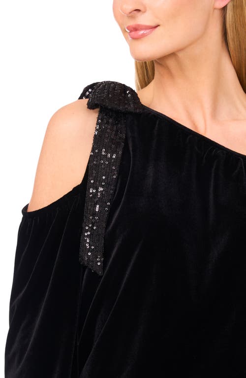Cece One-shoulder Sequin Bow Velvet Top In Black