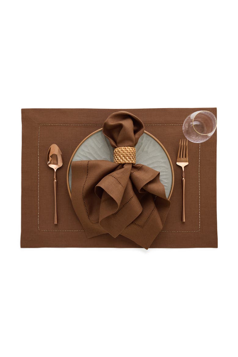 Linen Placemats Set of 4, 14 x 19 Inch - Classic Hemstitch, Alternate, color, Brown