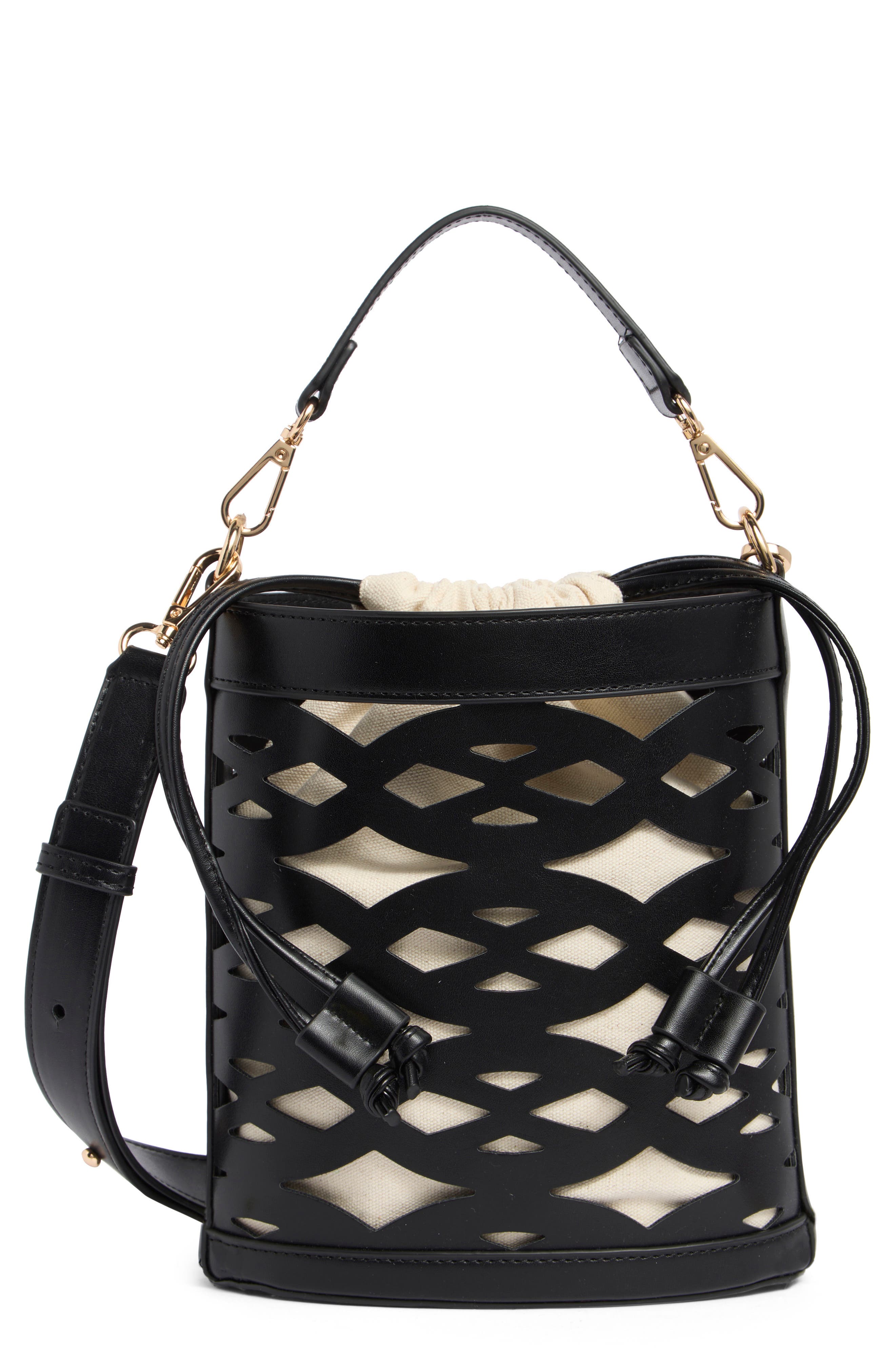 BCBG Woven Laser Cut Bucket Bag, Main, color, 