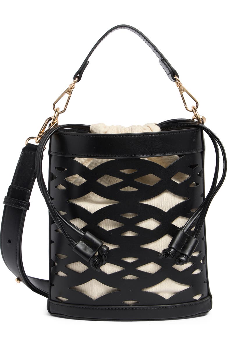 BCBG Woven Laser Cut Bucket Bag, Main, color,