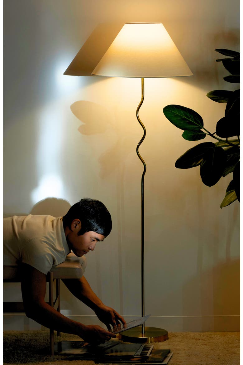 Squiggle 62" LED Modern Wavy Floor Lamp with Fabric Shade, Bulb Included, Alternate, color, Antique Brass