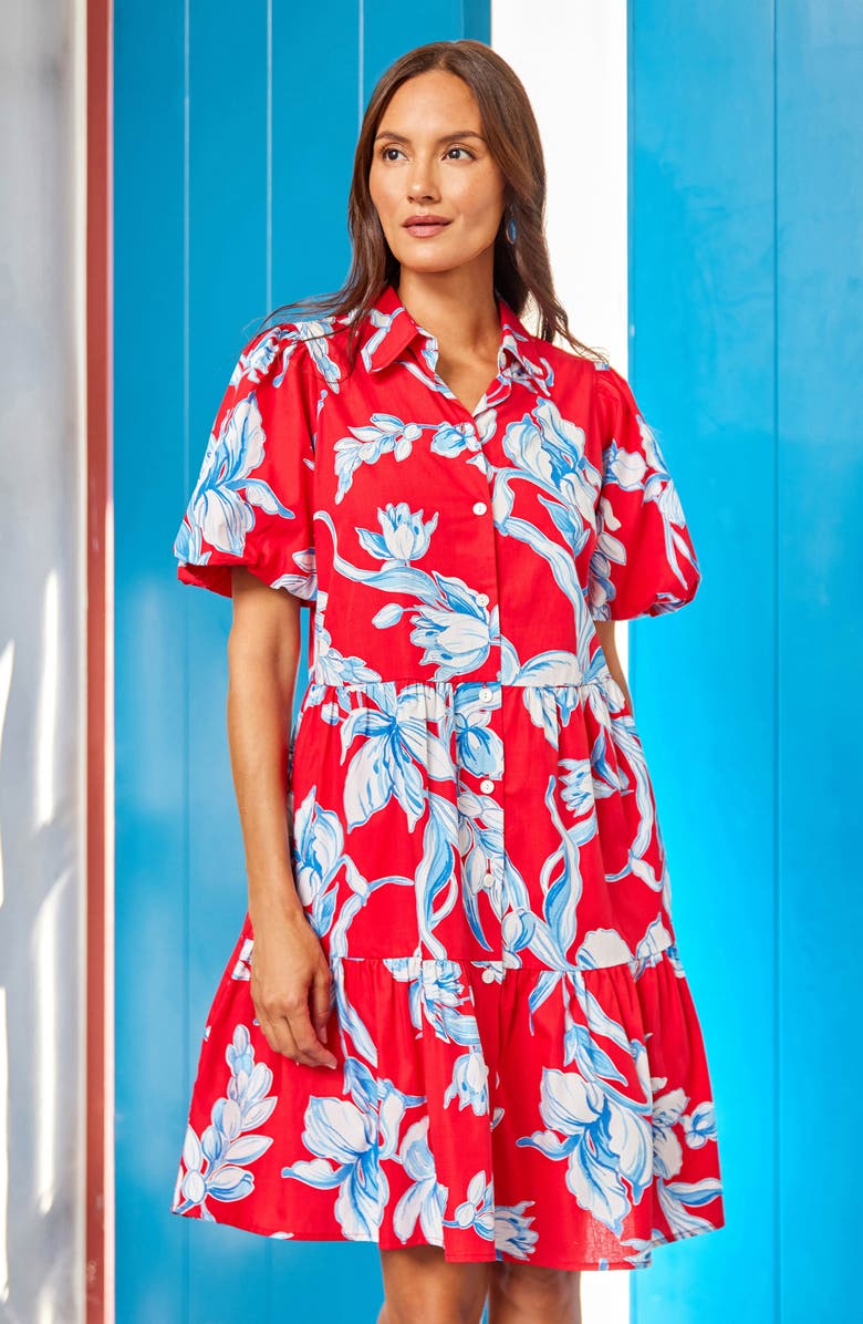 Karen Kane Tiered Puff Sleeve A-Line Dress, Alternate, color, Print