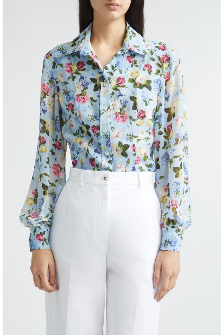 Isabella Floral Silk Crepe Button-Up Shirt, Main, color, CLOUDY BLUE MULTI