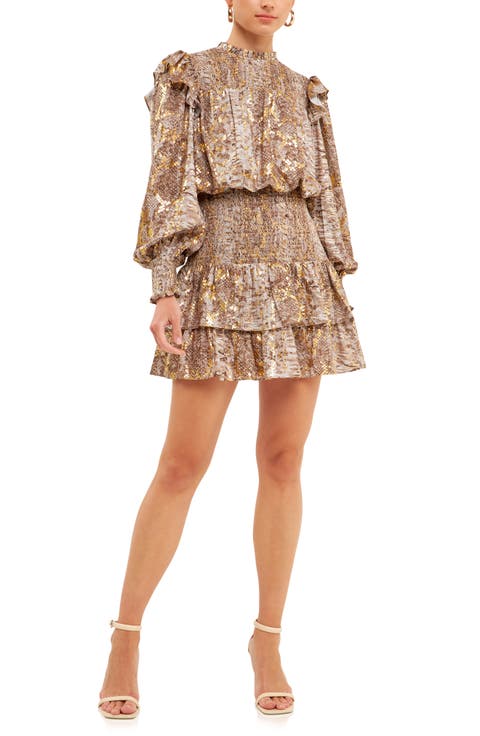 Snakeskin Print Smocked Long Sleeve Minidress
