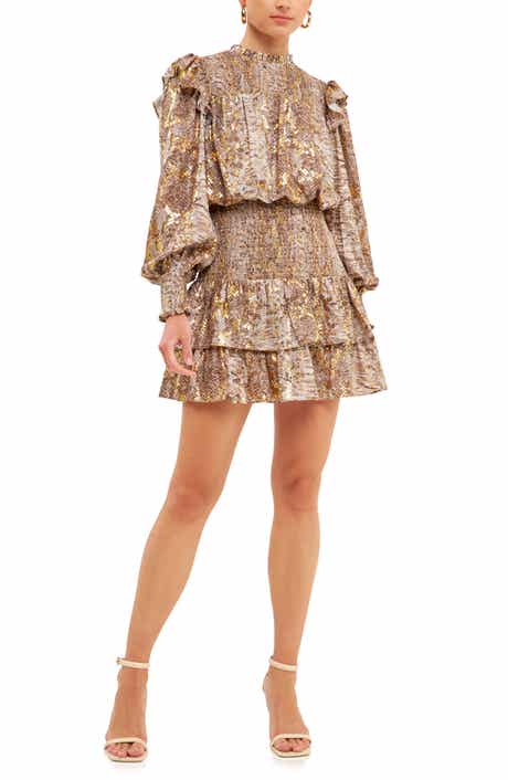 Snakeskin Print Smocked Long Sleeve Minidress