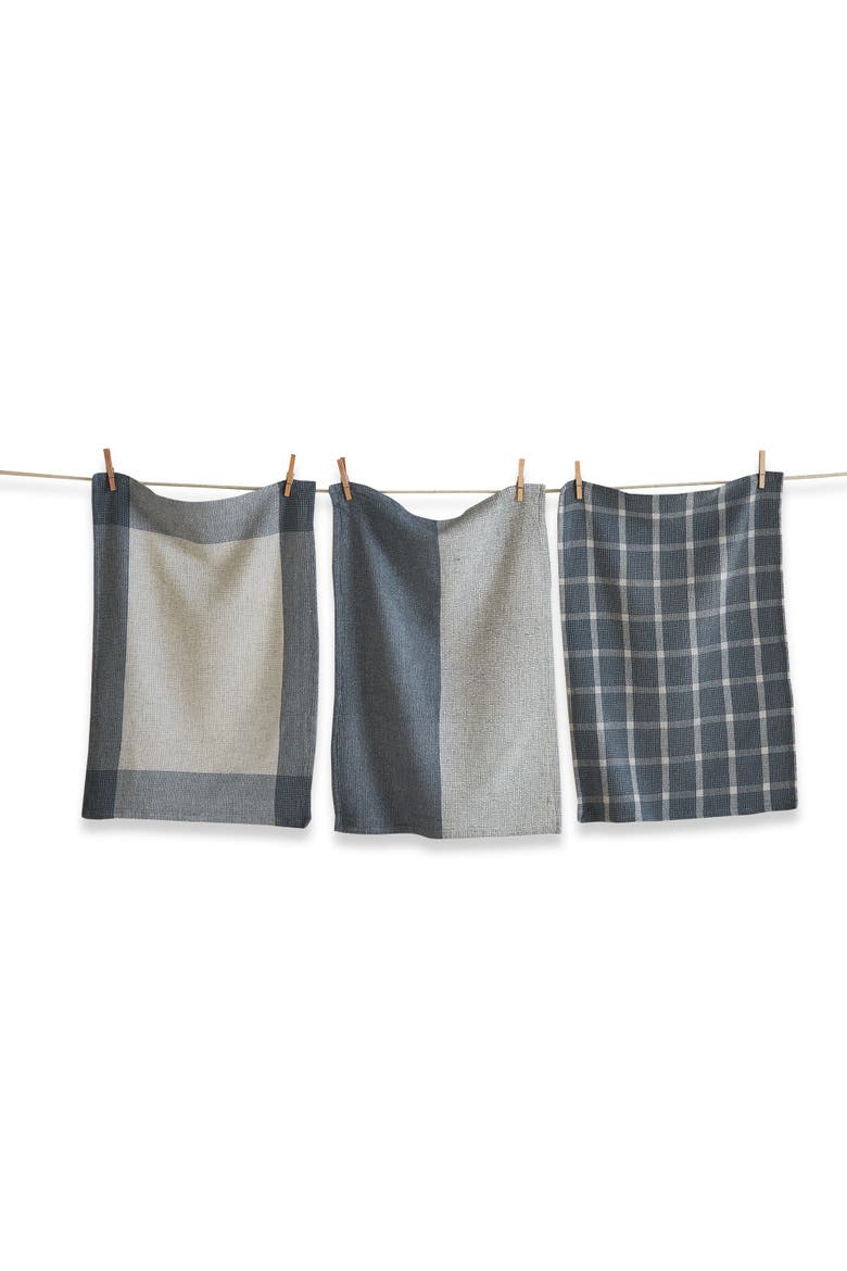 Mae Set of 3 Slate Cotton Waffle Weave Dishtowels Blue, Main, color, Silver