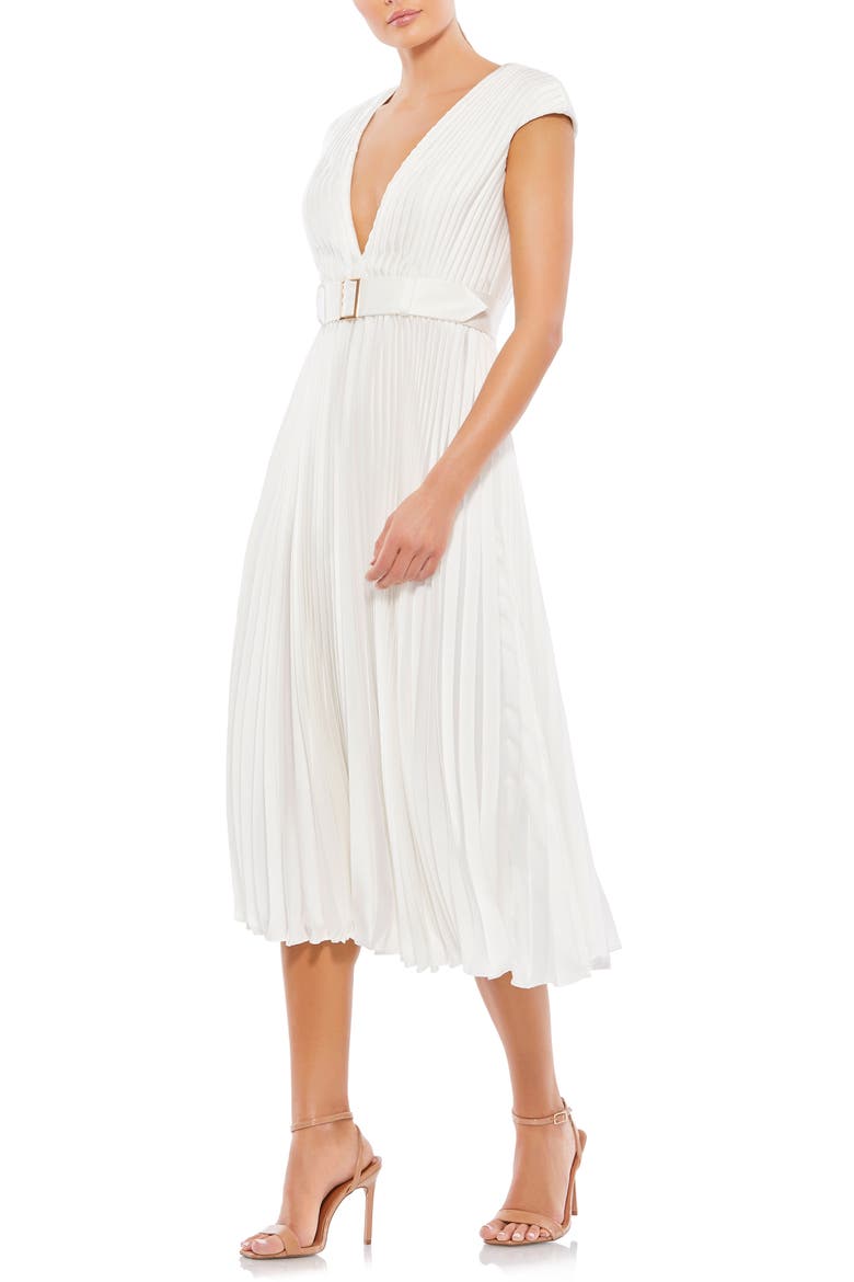 Pleated Cap Sleeve Satin Midi Gown, Main, color, WHITE