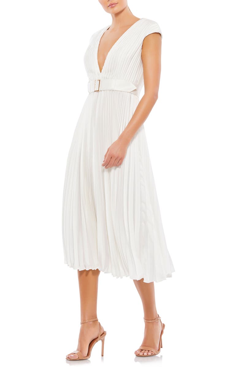 Mac Duggal Pleated Cap Sleeve Satin Midi Gown, Main, color,