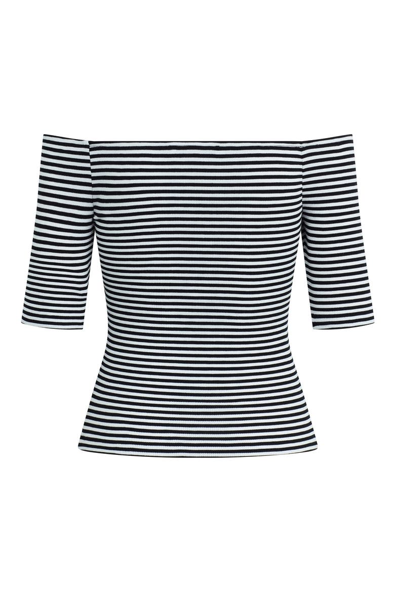 Sara Off the Shoulder Rib Top, Alternate, color, BLACK/ WHITE STRIPE