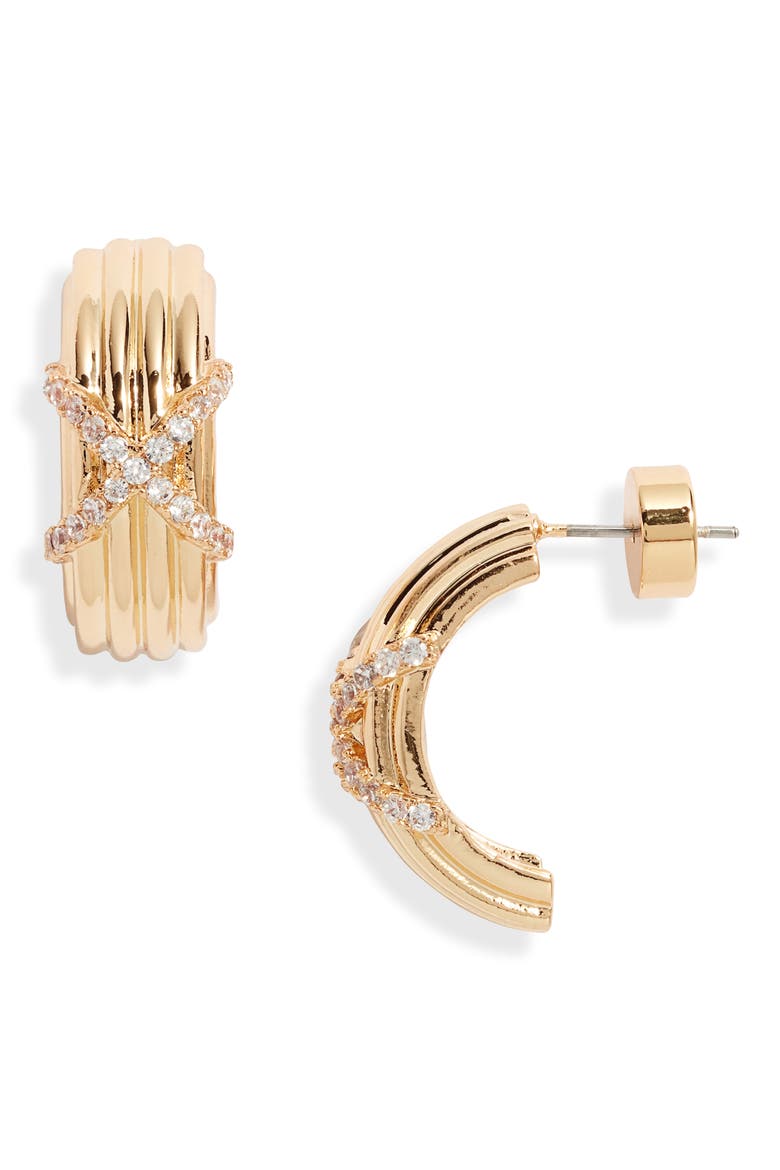 Cubic Zirconia Crisscross Huggie Hoop Earrings, Main, color, CLEAR- GOLD