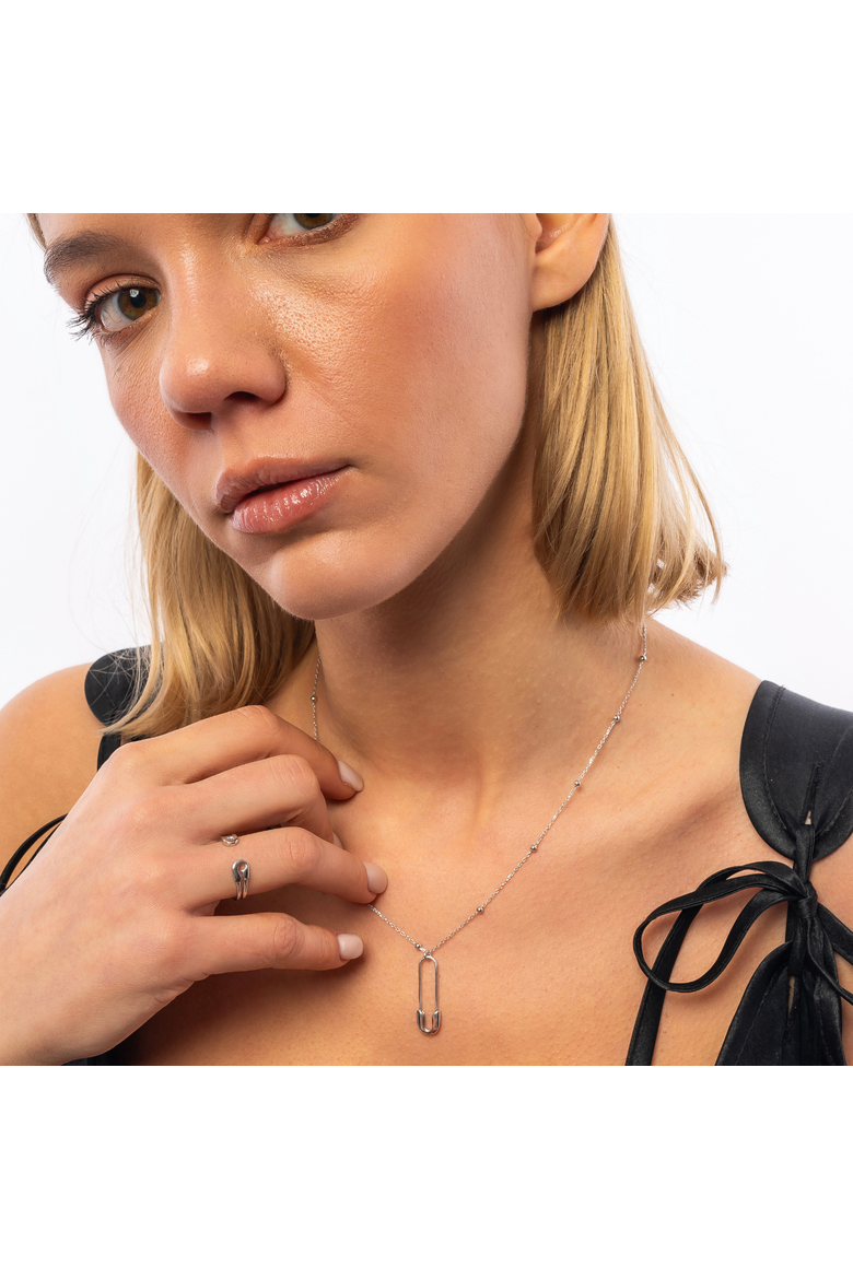 Sterling Silver Safety Pin Necklace With Beaded Satellite Chain, Alternate, color, Silver