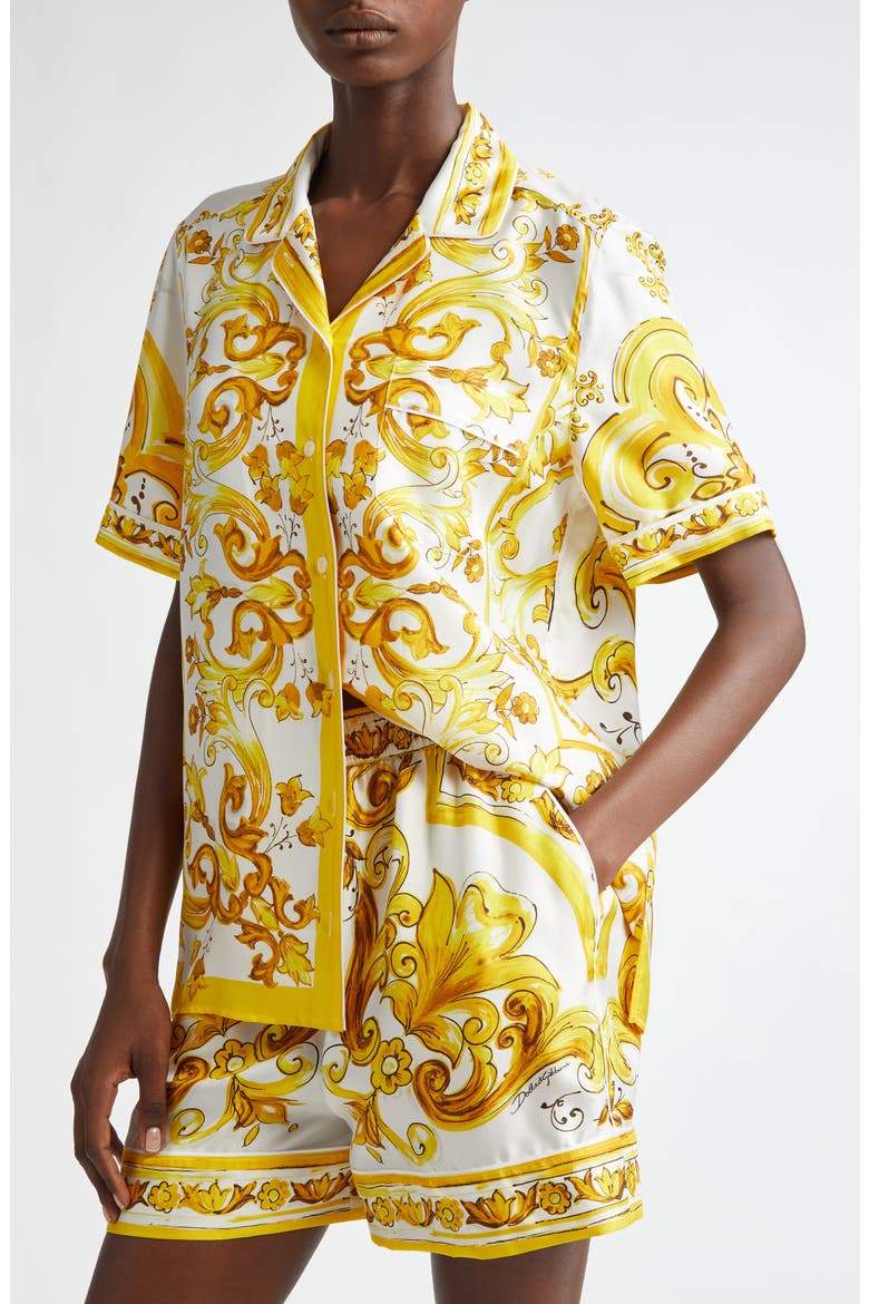 Majolica Print Silk Button-Up Shirt, Alternate, color, MIX MAIOLICA GIALLO