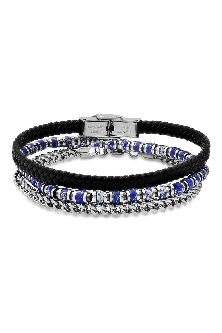 Men's Set of 3 Assorted Lapis Lazuli, Chain & Leather Bracelets, Main, color, SILVER MULTI
