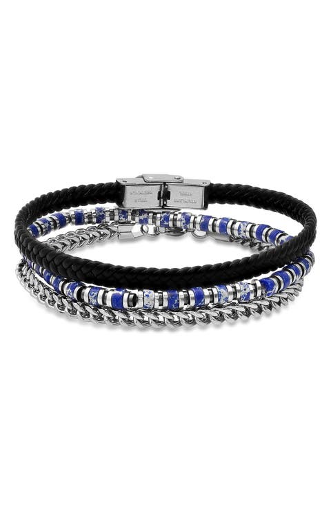 Men's Set of 3 Assorted Lapis Lazuli, Chain & Leather Bracelets