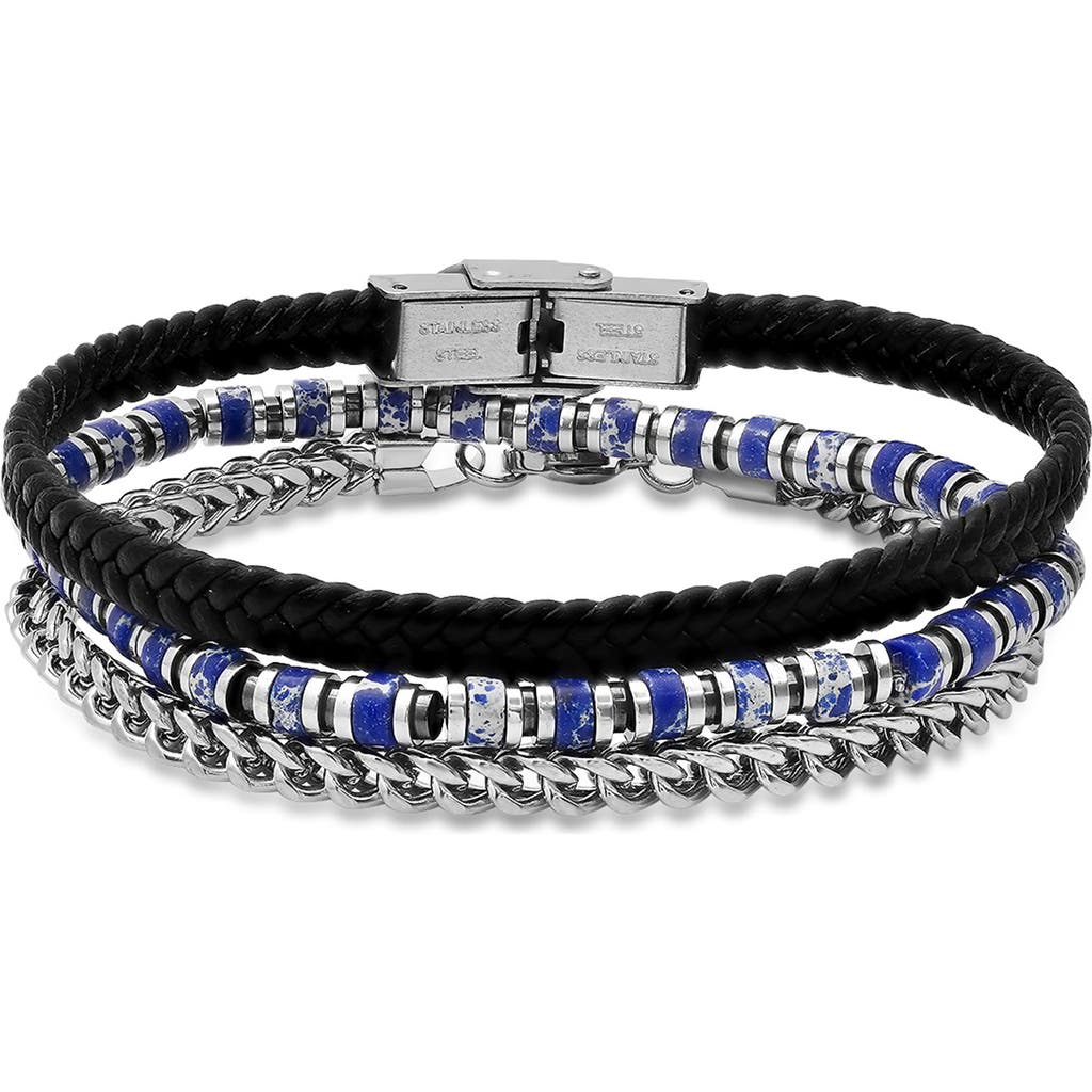 Hmy Jewelry Set Of 3 Assorted Lapis Lazuli, Chain & Leather Bracelets In Black