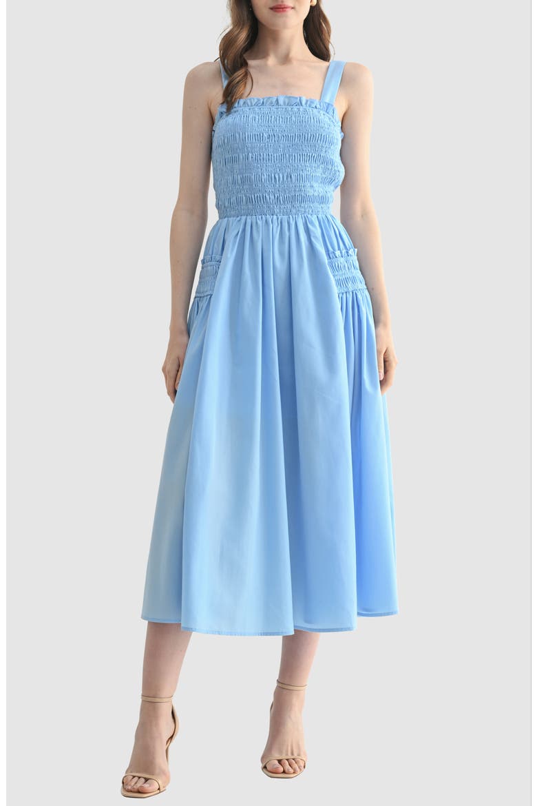 Smocked Cross Back Midi Sundress, Main, color, LIGHT BLUE