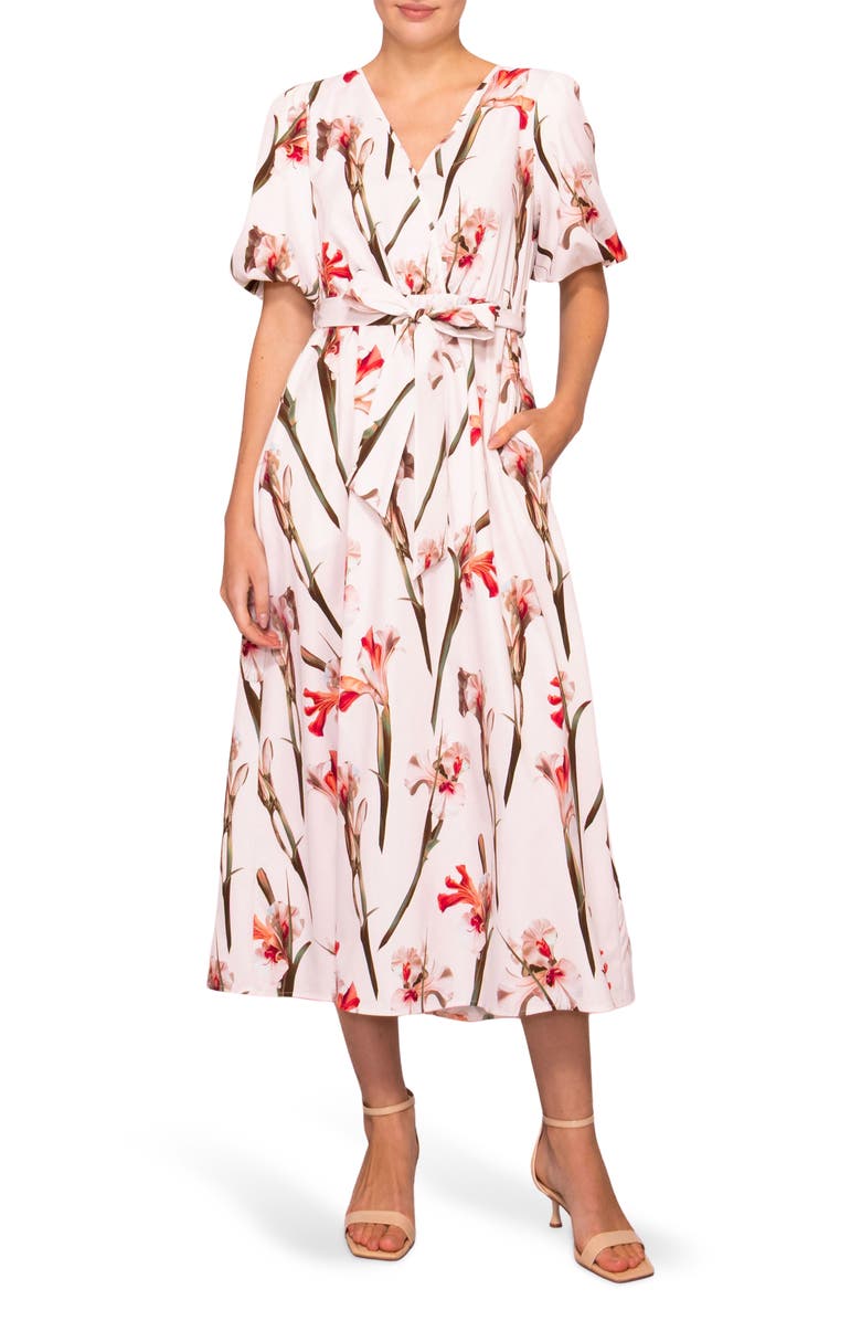 MELLODAY Tie Waist Midi Dress, Main, color, Ivory Red