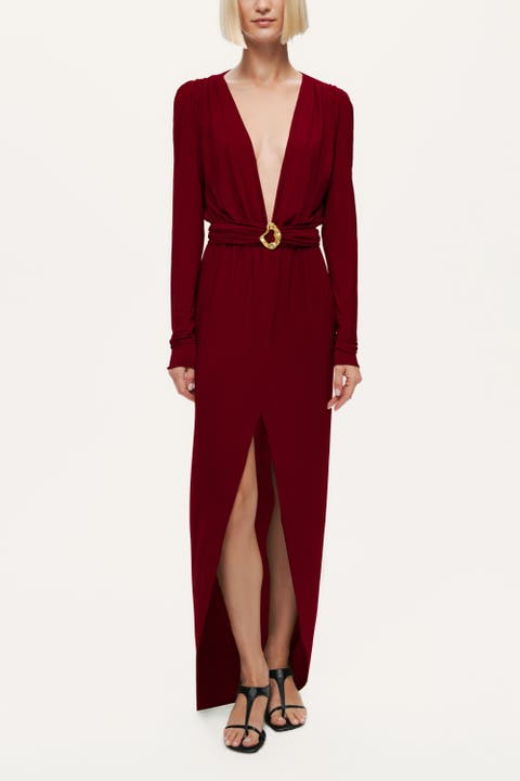 Deep Plunge Belted Jersey Maxi Dress