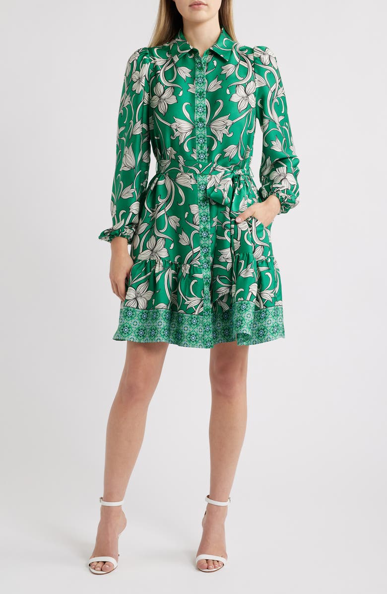 Anne Klein Floral Long Sleeve Tiered Shirtdress, Main, color, 